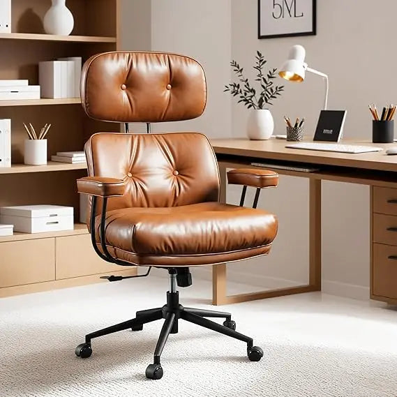 ovios Ergonomic Home Office Chair, Mid-Century Modern Faux Leather Chairs with Thickened Cushions, Comfy High Back Swivel Rollin