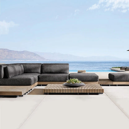 High Quality Solid Wood Teak Outdoor Patio Garden Sofas L-Shape Sectional Sofa Cushions for Villa Park Poolside Restaurant Use