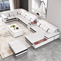 Modern U-Shaped Sectional Sofa with Chaise, White Genuine Leather Couch with Cup Holders, USB – Large Living Room Furniture Set