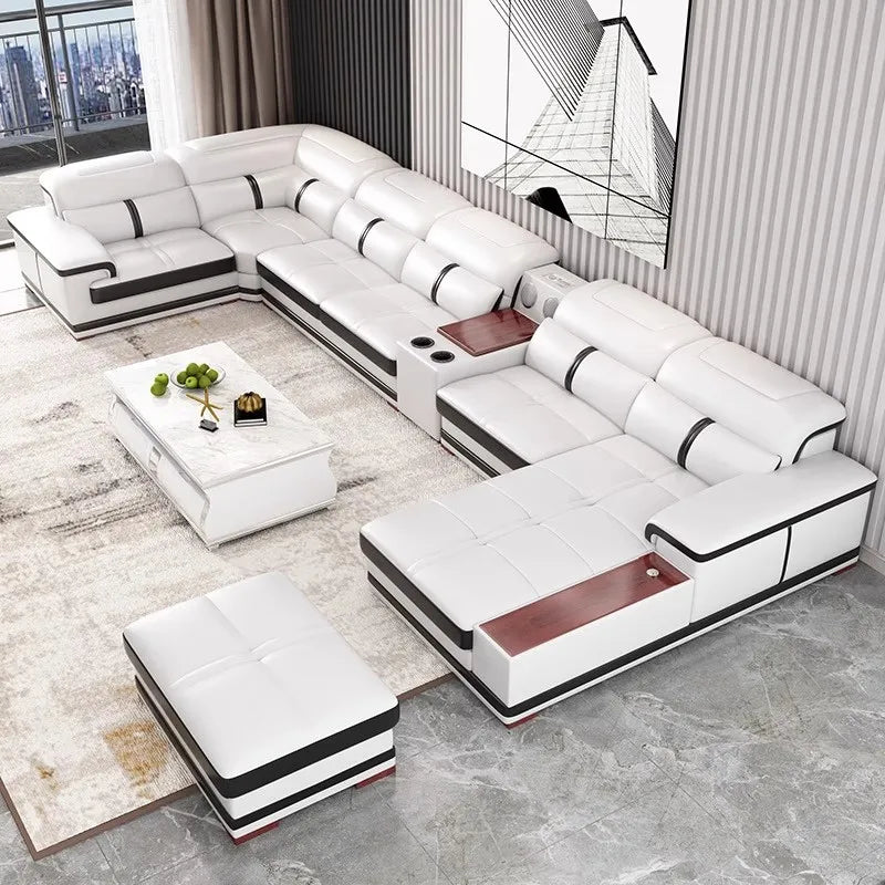 Modern U-Shaped Sectional Sofa with Chaise, White Genuine Leather Couch with Cup Holders, USB – Large Living Room Furniture Set