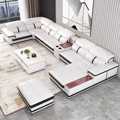 Modern U-Shaped Sectional Sofa with Chaise, White Genuine Leather Couch with Cup Holders, USB – Large Living Room Furniture Set