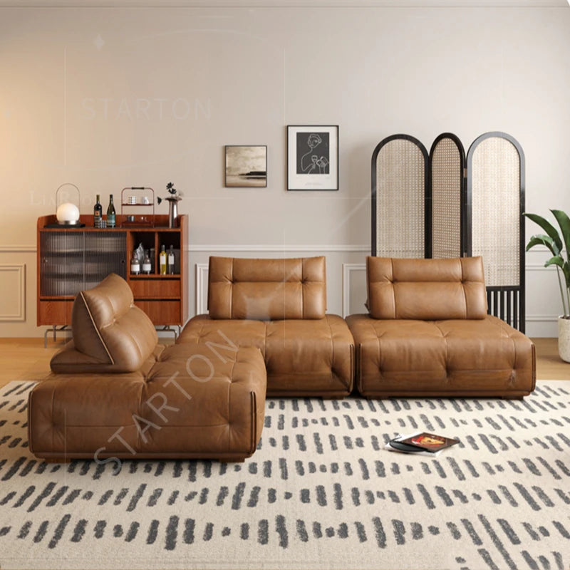 European Living Room Couch, Brown Modular Design, Villa Corner Sectional Style, Double Lounge Leather Canape Salon Furniture