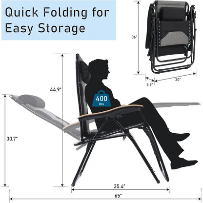 PHI VILLA XXL Oversized Padded Zero Gravity Chair, Foldable Patio Recliner, 30" Wide Seat Anti Gravity Lounger with Cup Holder