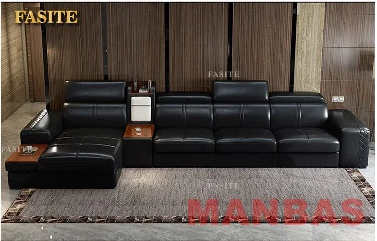 Italian Leather Couch With Heating Seat Cold Fridge Genuine Leather Sofa With Headrests USB, Stools And Storage Easy to clean