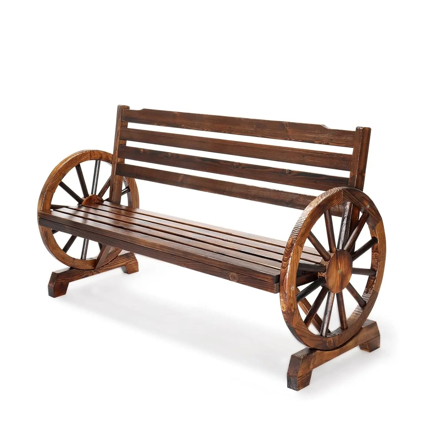 Outdoor Rustic Wooden Bench with Wagon Wheel Arms, 3 People Outdoor Bench Garden Bench Front Porch Furniture Patio, Customized