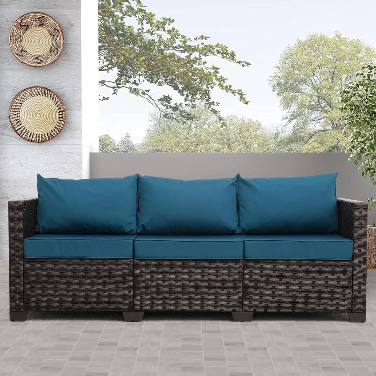 Patio Furniture 3-seat Sofa Wicker Outdoor Furniture Outdoor Couch Deep Seat Hight Backrest Non-Slip Cushions, Khaki, Customized