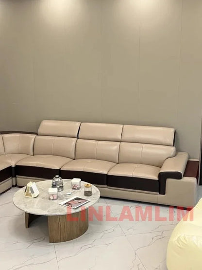 MINGDIBAO Modern Minimalist Genuine Leather Sectional Sofa with Console, Storage and Speaker Italian Leather Living Room Couch