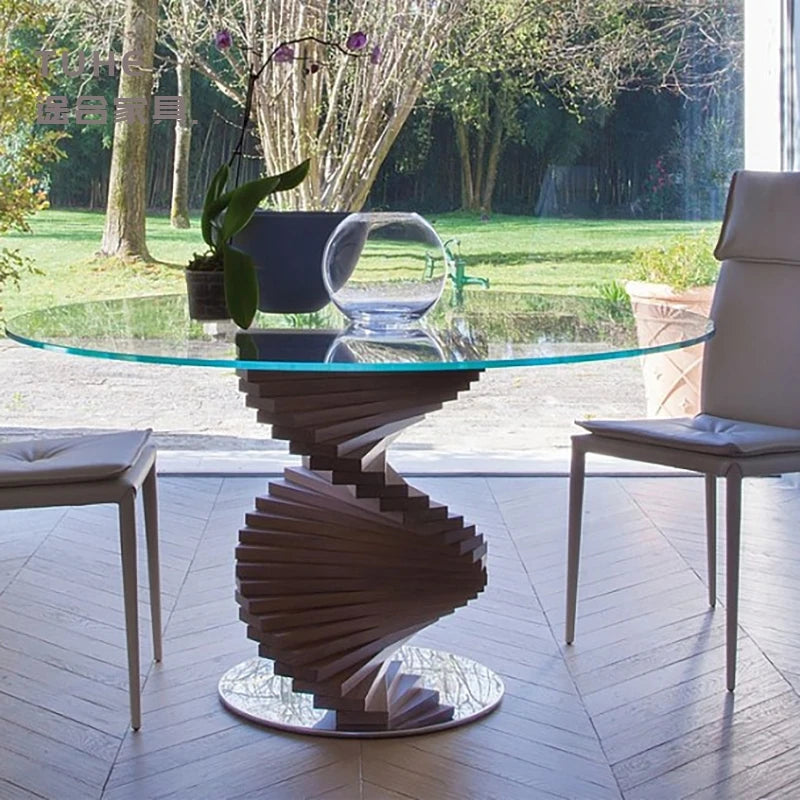 Italian Style Solid Wood Dining Table Light Luxury Curved Round Table Tempered Glass Living Room Hotel Personalized Dining Table