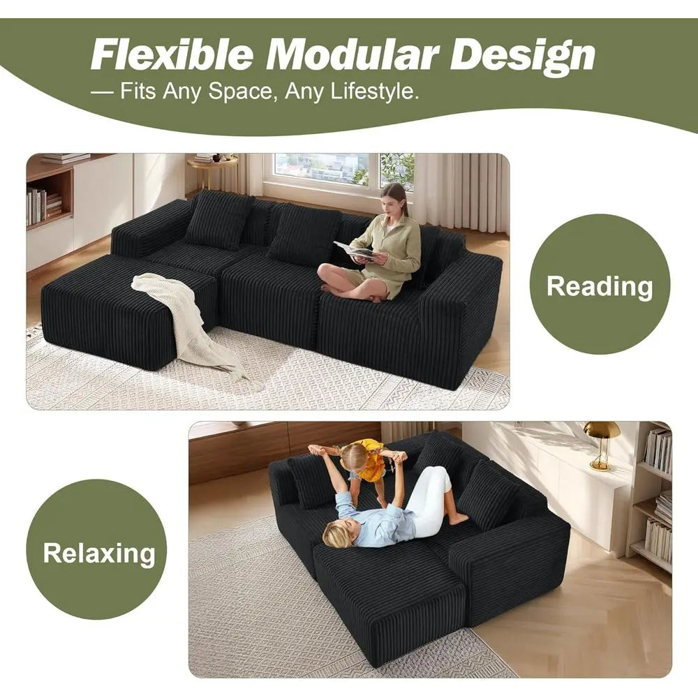 L-Shaped Memory Foam Sofa with Chaise, Corduroy Upholstery, Easy Assembly Living Room Couch (Black)