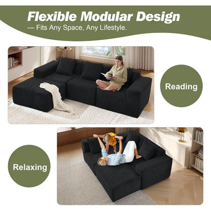 L-Shaped Memory Foam Sofa with Chaise, Corduroy Upholstery, Easy Assembly Living Room Couch (Black)