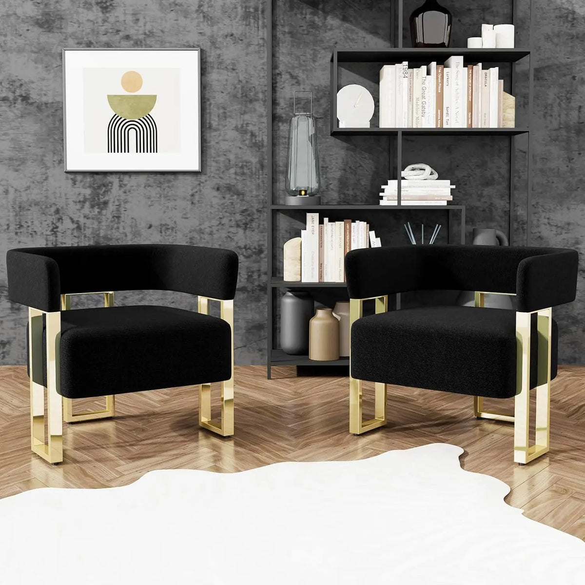 Modern Black and Gold Accent Chair Set of 2, Boucle Bucket Chairs Set of 2, Arm Chairs for Living Room Bedroom (2, Black)