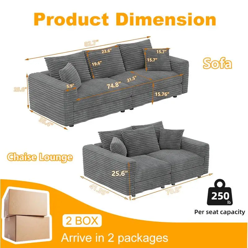 82.7" Plush Corduroy 3-Seat Sofa, Modern Comfy Upholstered Cloud Couch, Deep Seat Lounge Chair with Soft Pillows for Living