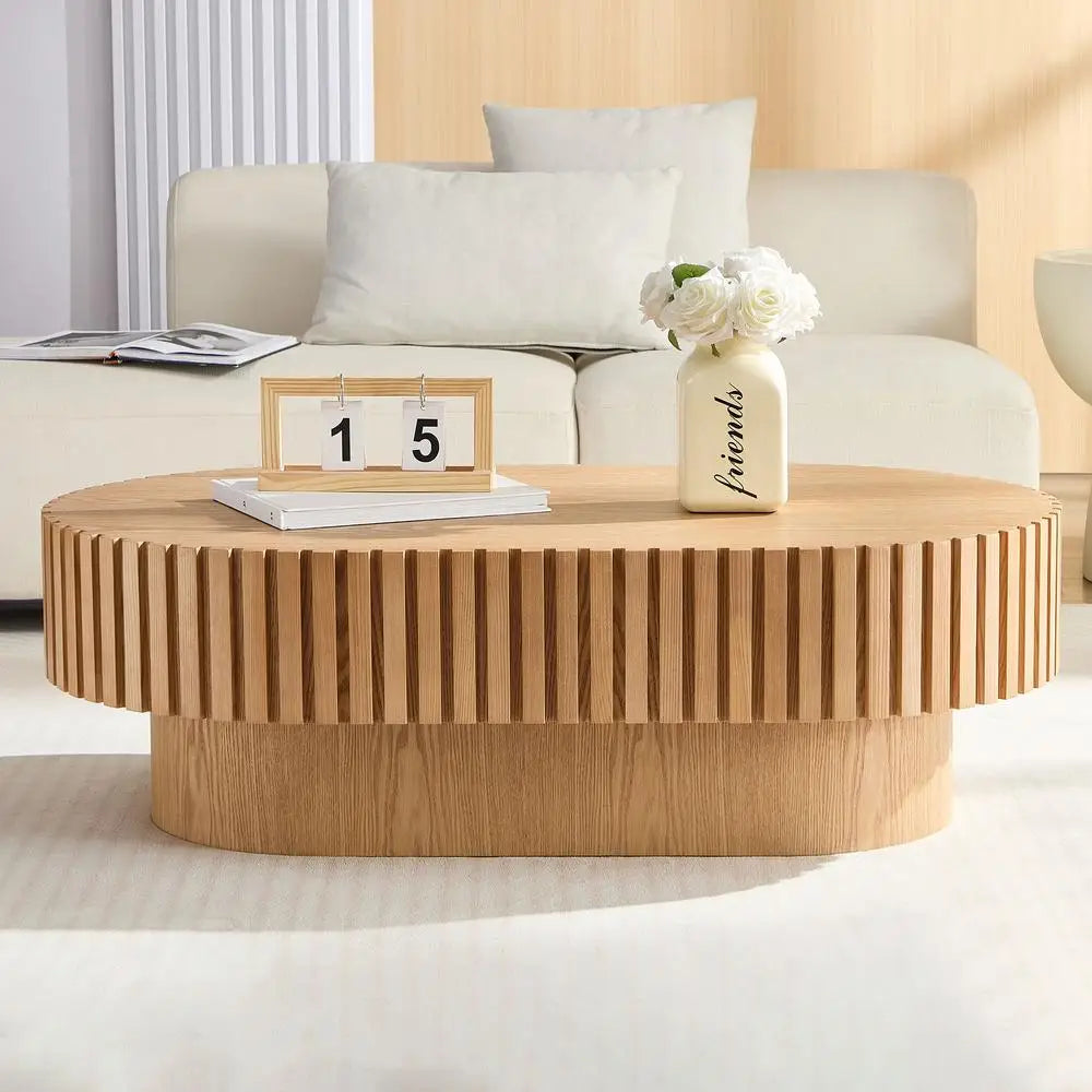 43.7" Modern Drum Coffee Table Oval Wooden Accent Table with Sturdy Pedestal Base for Living Room Office ASH Color