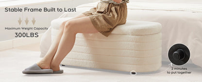 TODRANI 45" Storage Ottoman Bench, 300 Lb Capacity Teddy Upholstered, Safety Hinge, Flip-Top Oval Foot Rest With Foot Pads