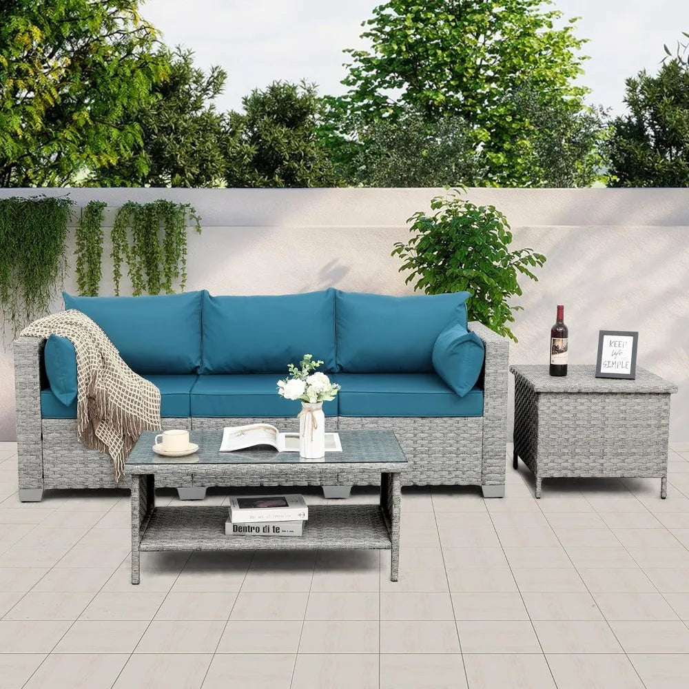 Outdoor Couch 3 Seater Wicker Patio Sofa Grey Rattan Deep Seat Balcony Furniture Porch Seating with Peacock Blue Cushion