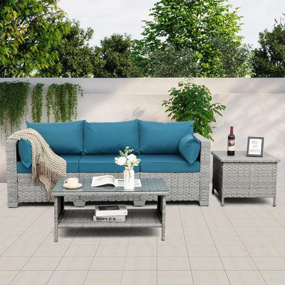 Outdoor Couch 3 Seater Wicker Patio Sofa Grey Rattan Deep Seat Balcony Furniture Porch Seating with Peacock Blue Cushion