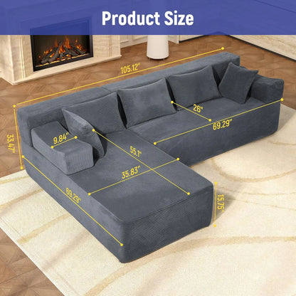 106'' Cloud Sectional Couch with Chaise, Corduroy Modern Modular Upholstered Compression Sofa with Deep Seat, No Assembly Requir