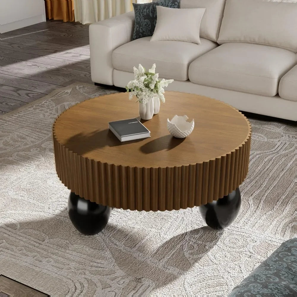 31.5 Inch round Fluted Coffee Table Farmhouse Luxury 3-Leg Base Natural Wood Veneer for Small Spaces