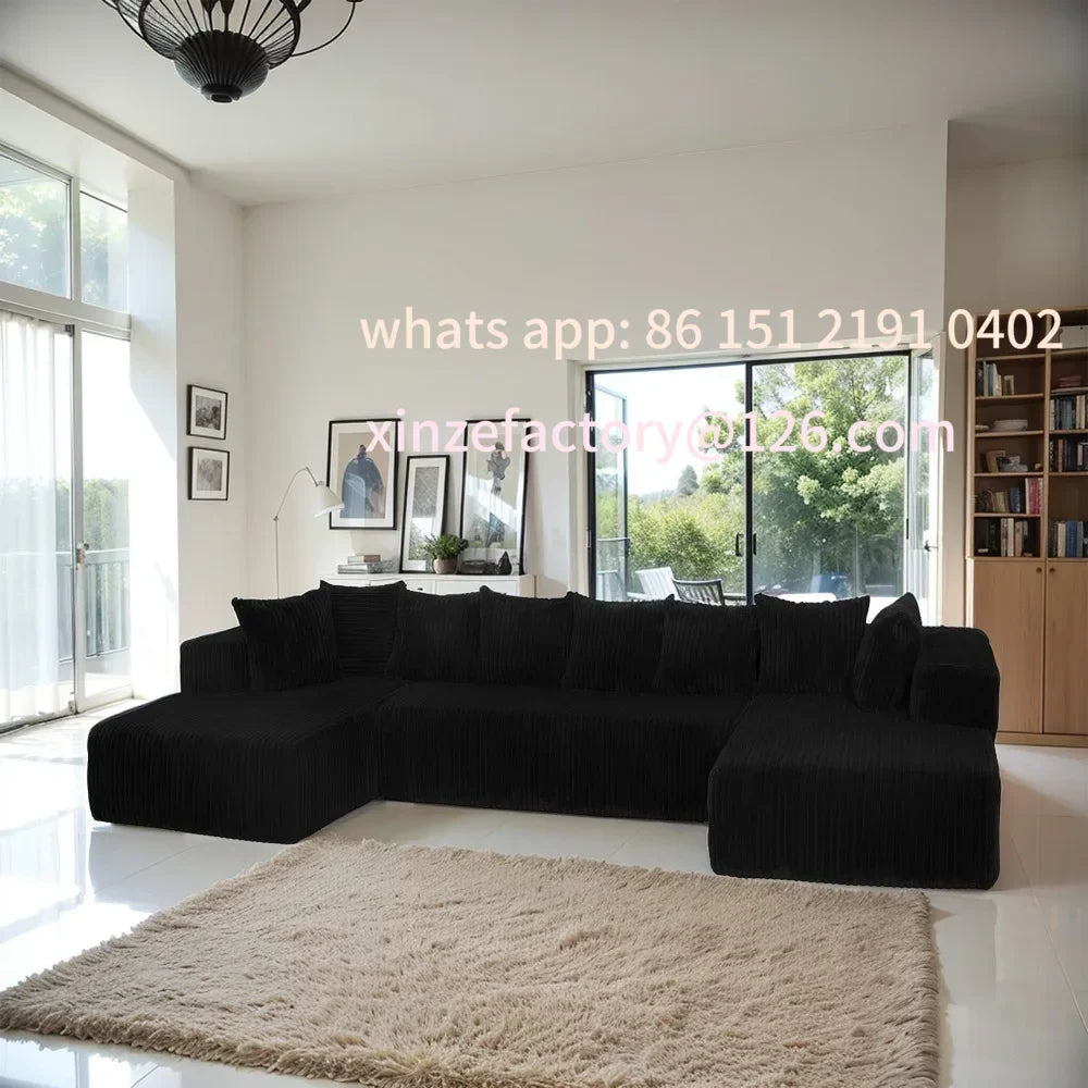 Customizable U-Shaped Sectional Sofa,130-inch 4-Seater Chaise Lounge with Striped Corduroy Fabric  Customizable Living Room or B