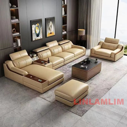 Modern U-Shaped Sectional Sofa Set with Chaise Lounge, Genuine Leather Couch with Storage Table, USB – Big Living Room Furniture