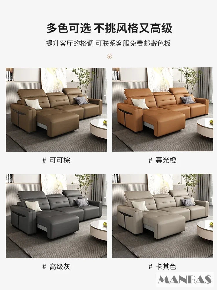 Genuine Leather Electric Convertible Sofa Bed with Adjustable Headrest, Multifunctional Folding Sofa Beds for Cinema Living Room