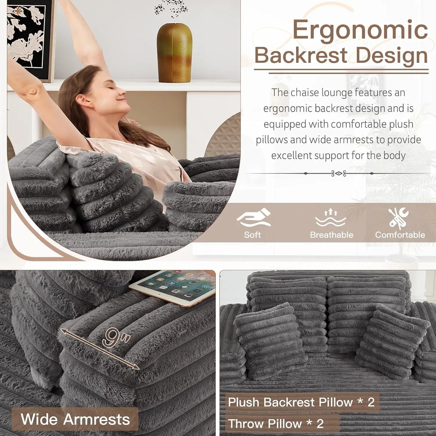 [Limited Stock!]56"W Oversized Chaise Lounge Chair Indoor,Plush Faux Fur Sleeper Sofa Couch Bed with Pillows&Wide Armrest,Fluffy