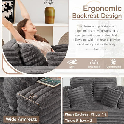 [Limited Stock!]56"W Oversized Chaise Lounge Chair Indoor,Plush Faux Fur Sleeper Sofa Couch Bed with Pillows&Wide Armrest,Fluffy