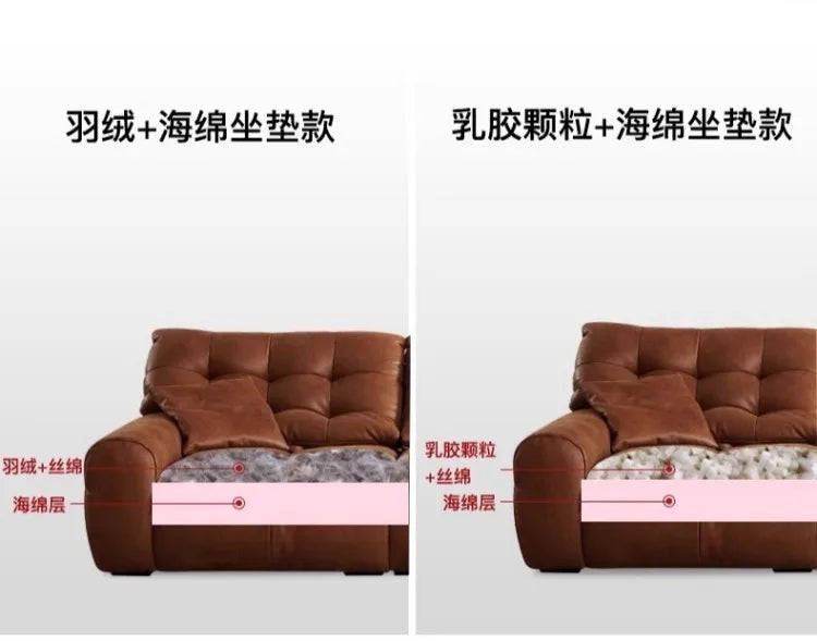 Retro oil wax leather sofa, small apartment living room straight row sofa, large sitting depth movable backrest medium ancient