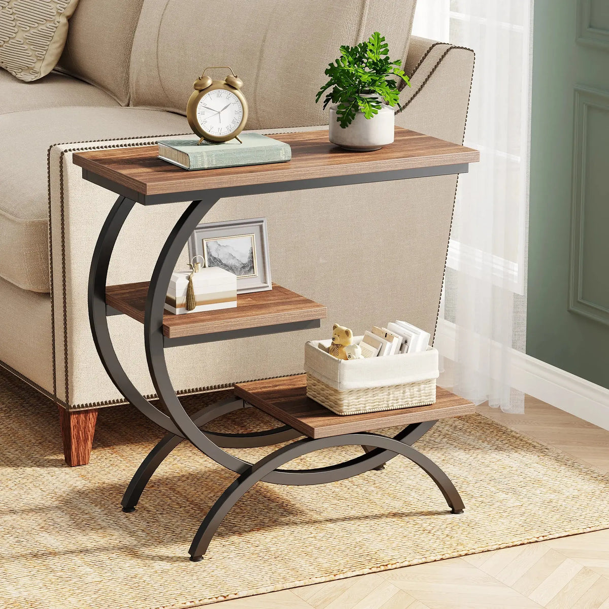 Tribesigns C-Shaped End Table, Industrial 3-Tier Small Table for Couch, Wood Bedside Table Snack Table with Storage Shelves