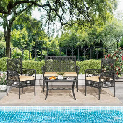 4 Piece Patio Furniture Set, Outdoor Wicker Chairs Rattan Conversation Sets with Cushions and Glass Coffee Table for Porch Garde
