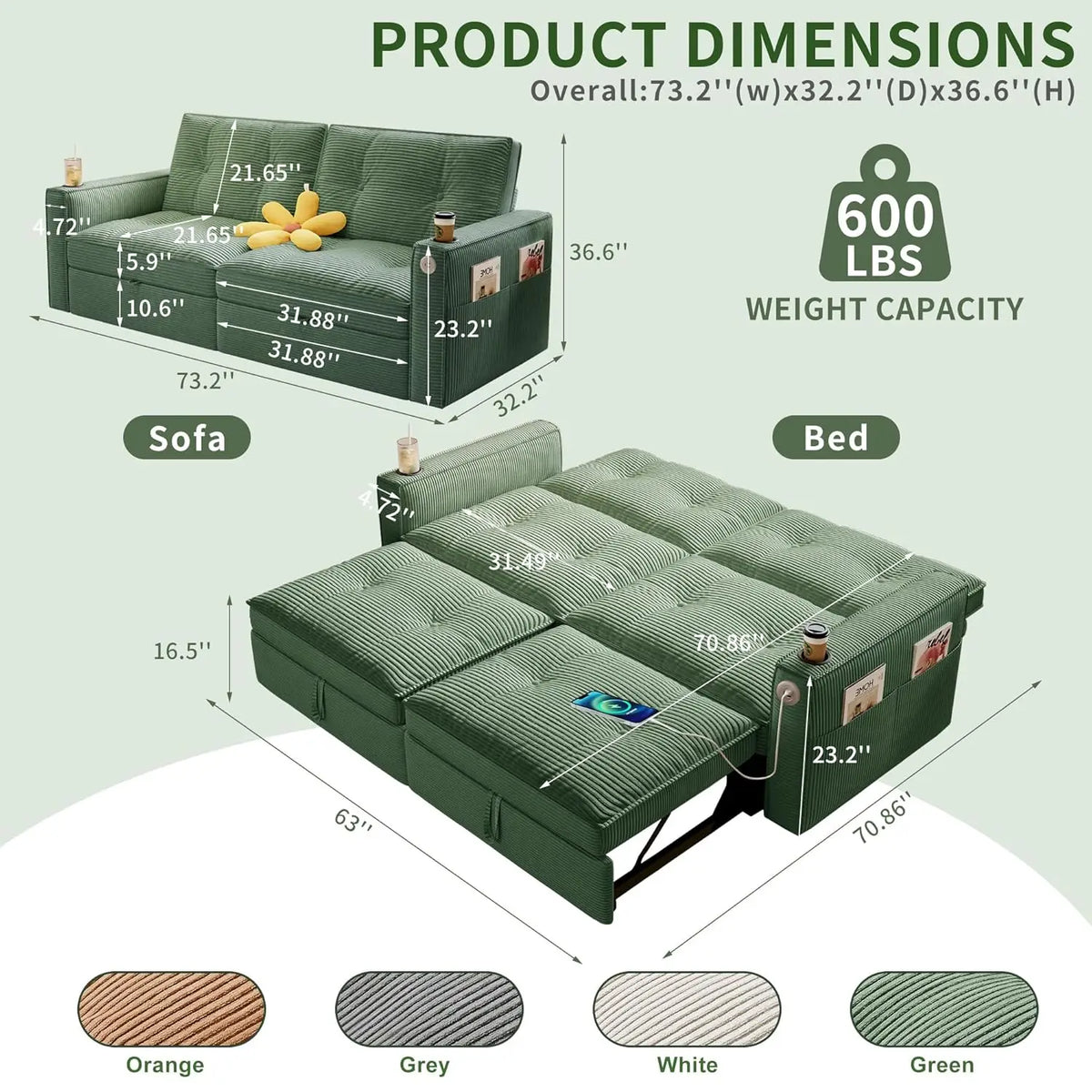 Queen Size Sofa Bed Loveseat 73'' Convertible 2 Seater with Pull out Bed Pockets And USB Ports Modern Design Customizable