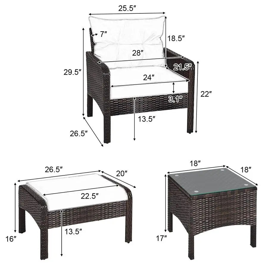 5Pieces Patio Furniture Set Outdoor Rattan Wicker Conversation Set with Coffee Table Cushioned Sofas and Ottoman Chat Set for G
