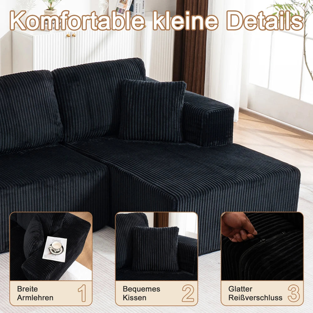 Living Room Boneless Modular Sofa, Corduroy Fabric, Modern U-shaped Leisure Sofa, High-density Sponge, No Assembly, for Home