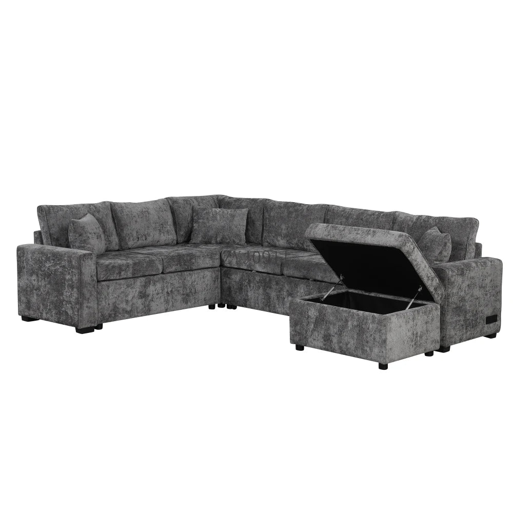 112.2" Sectional Sofa Pull-out Sofa Bed Sleeper with a Storage Ottoman,Three Pillows and Charging Devices for Living Room, Grey