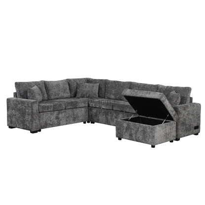 112.2" Sectional Sofa Pull-out Sofa Bed Sleeper with a Storage Ottoman,Three Pillows and Charging Devices for Living Room, Grey