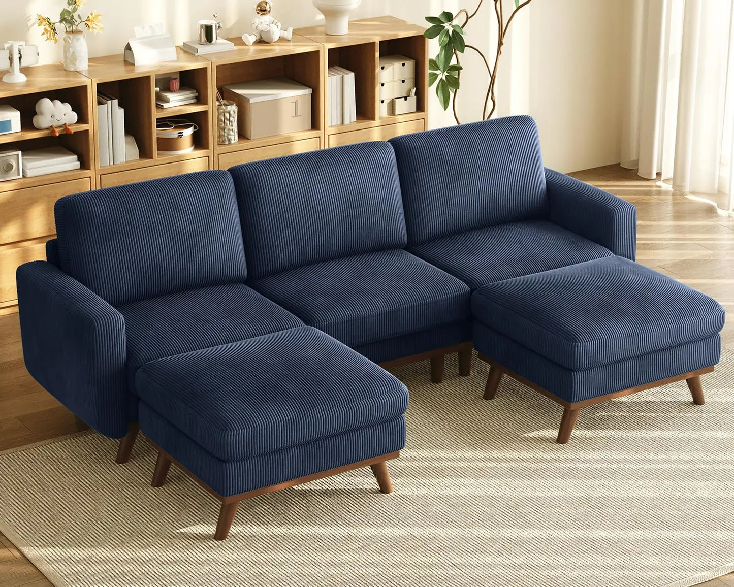 97" L-Shape Modular Sofa, 3-Seat Corduroy Couch with Movable Ottoman, Sectional Sofa for Living Room, Green, Customized