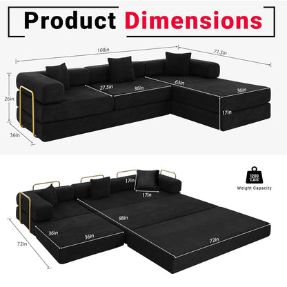 108" Oversize Convertible Sleeper Sectional Sofa Bed Corduroy L Shape Folding Frame Modular Living Room Black, Customized