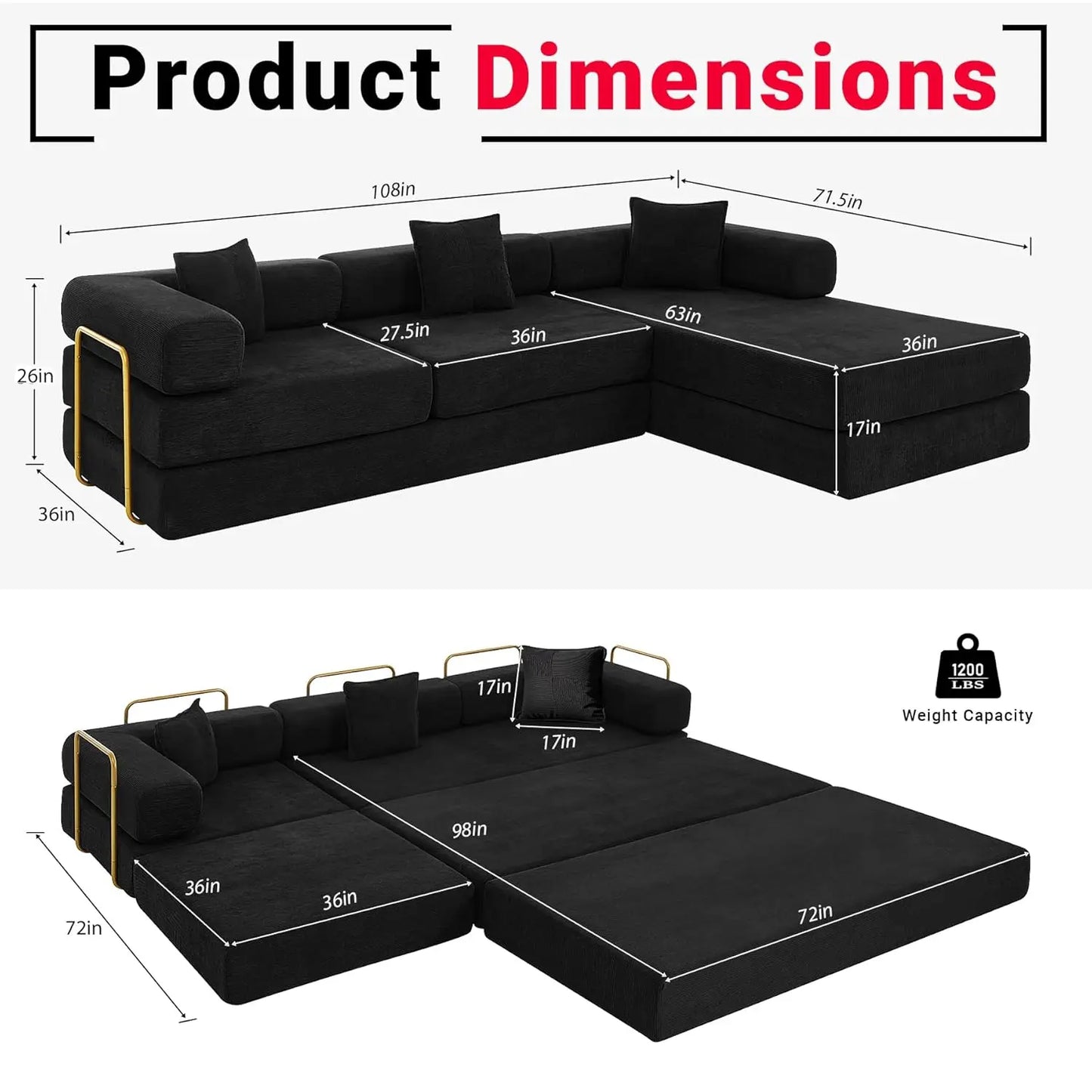 108" Oversize Convertible Sleeper Sectional Sofa Bed Corduroy L Shape Folding Frame Modular Living Room Black, Customized