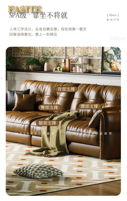 Oil wax leather sofa, French retro style, large and small apartment, living room straight combination