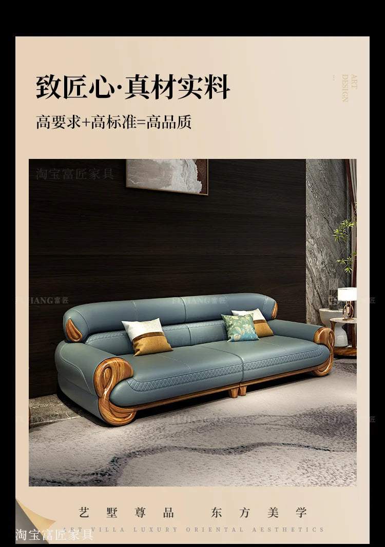 Ebony leather sofa new Chinese modern light luxury high-end small apartment straight row  FT