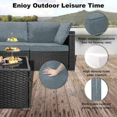 Outdoor Patio Furniture Set, Wicker Sofa with Tea Table, Rattan Conversation Sectional Set
