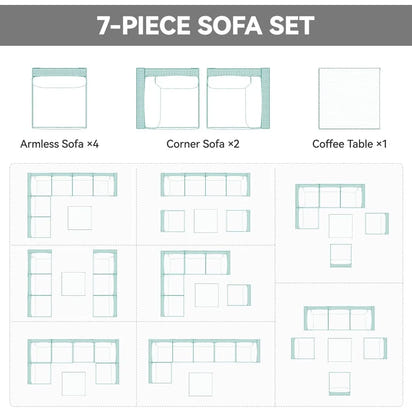 7-Piece Outdoor Patio Furniture Set, Sectional Sofa with PE Rattan Wicker, Conversation Area with Table and Cushions
