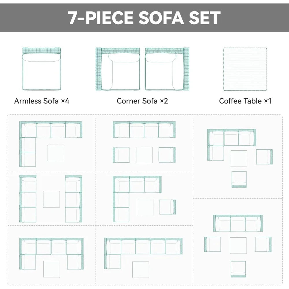 7-Piece Outdoor Patio Furniture Set, Sectional Sofa with PE Rattan Wicker, Conversation Area with Table and Cushions