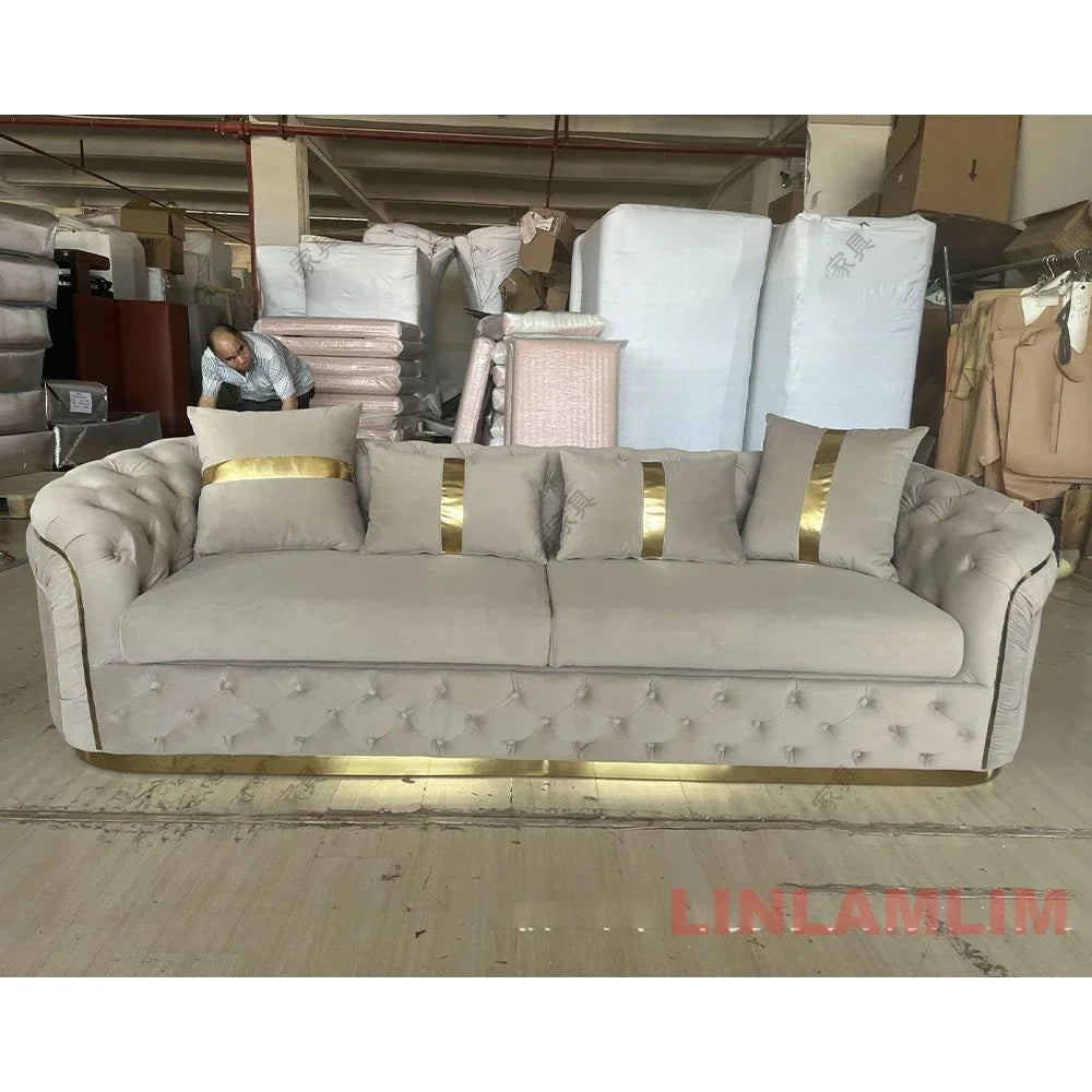 Luxury Chesterfield Sectional Sofa Set With Cloth Buttons And Fabric Modular Couch With Gold Stainless Steel Base, 3-seater