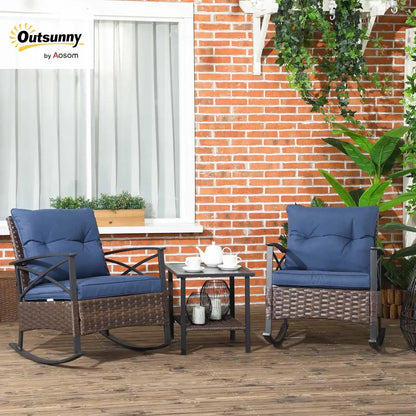 NEW-3 Piece Patio Rocking Chair Set, Outdoor Wicker Bistro Set with 2 Oversize Cushioned Porch Rockers and 2 Tier Coffee Table