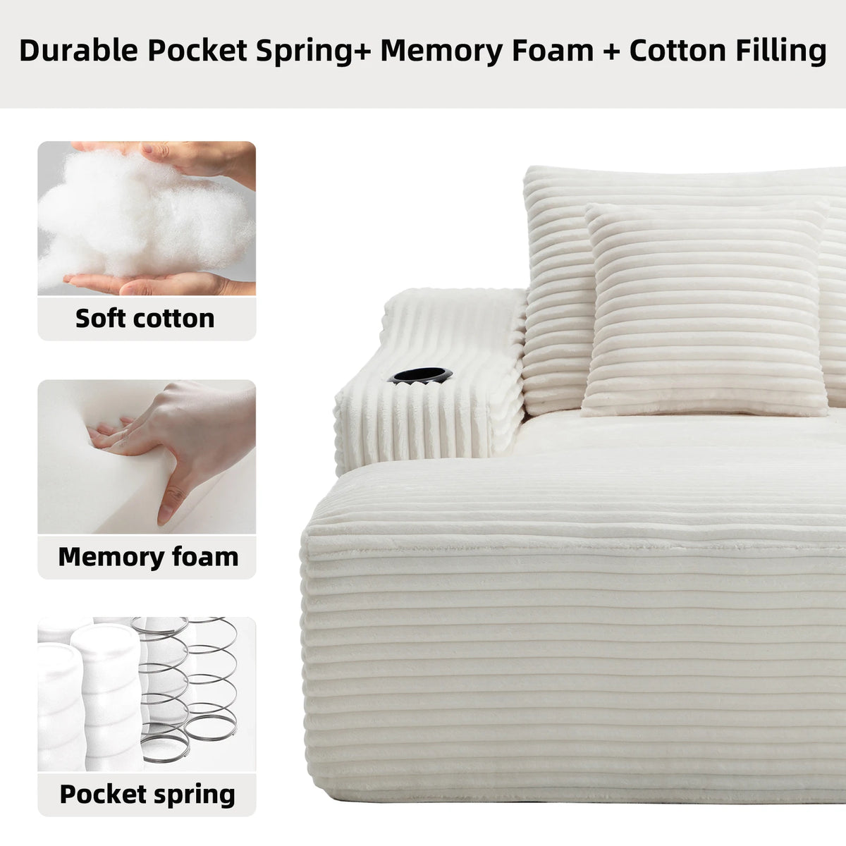 67 Inch Chaise Lounge Chair Indoor, Oversized Corduroy Upholstered Boneless Sofa Bed, Cloud Sofas Couches for Living Room