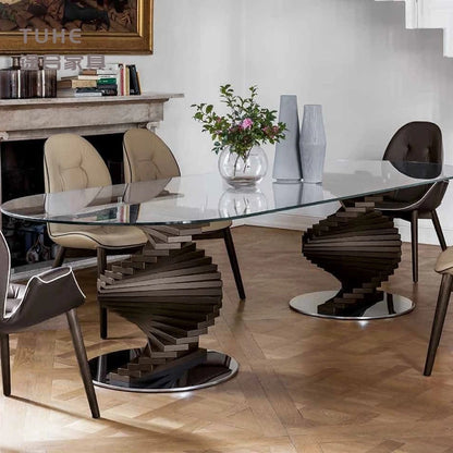 Italian Style Solid Wood Dining Table Light Luxury Curved Round Table Tempered Glass Living Room Hotel Personalized Dining Table