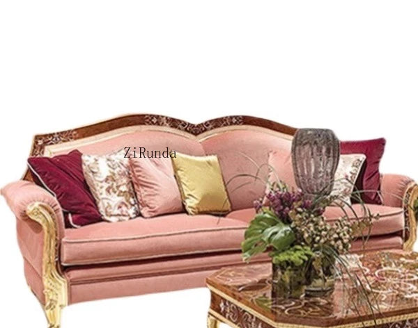 European luxury solid wood carving flower sofa French parquet fabric sofa coffee table combination