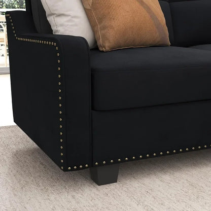 Convertible L-Shaped Sectional Sofa, Reversible Velvet Couch for Small Apartment Living Room, Black
