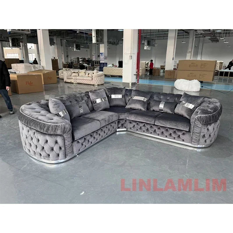 Luxury Chesterfield Sectional Sofa Set With Cloth Buttons And Fabric Modular Couch With Gold Stainless Steel Base, 3-seater